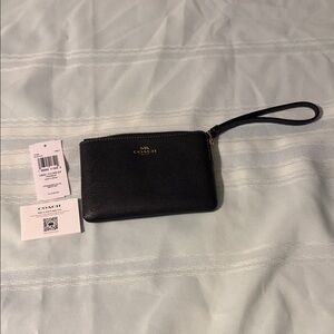 Coach Black Leather Wristlet with Gold Details